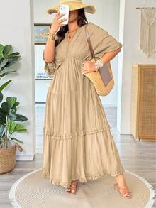 Vionelle Plus Size Solid Color Romantic Ruffle Trim Regular Dress, Spring/Summer - Khaki - View 5