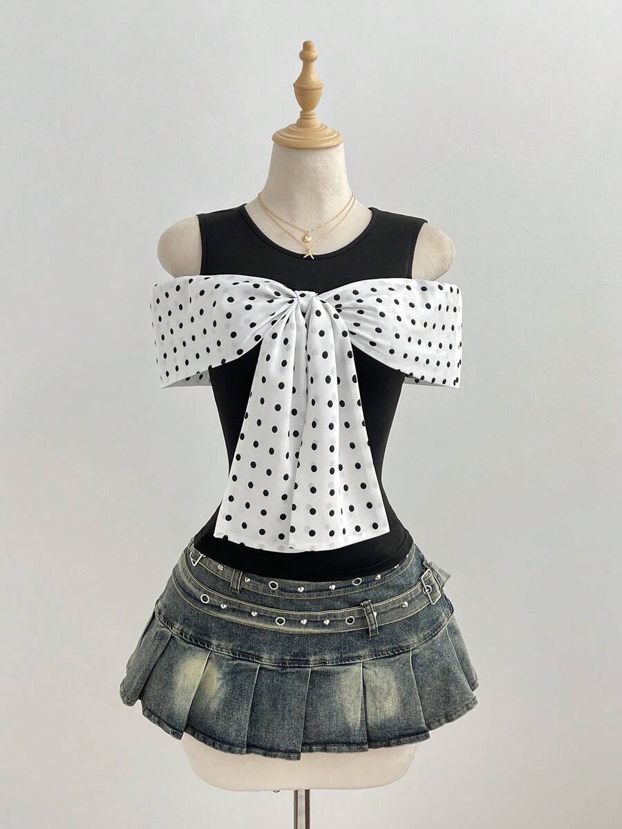 Elamini Camiseta de manga corta ajustada con tirantes de lazo a lunares, estilo dulce de verano - Negro - Ver 1