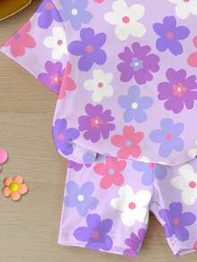Baby Girl Casual Cute Floral Print Set, Lavender, Round Neck Short Sleeve T-Shirt And Leggings, Suitable For Spring And Summer - Multicolor - View 7