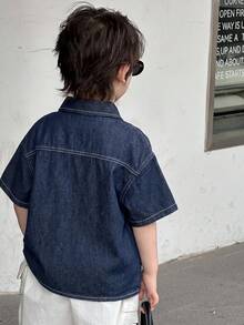 Áo sơ mi denim tay ngắn một hàng cúc dành cho bé trai, kiểu dáng thường ngày, đa năng. - Màu xanh lam - Xem 2