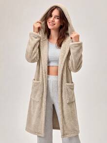 Loomlin Women's Hooded Plush Casual Robe - Brown - View 5