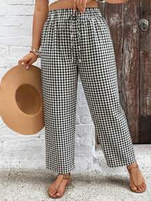 SHEIN VCAY Quần ống rộng kẻ caro cỡ lớn, cạp chun kiểu túi giấy, kiểu dáng thường ngày, có dây rút. - Đen và trắng - Xem 4