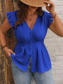 Vionelle Plus Ruffle Trim Button Front Blouse Peplum Top Work Royal Blue Summer Elegant - Royal Blue - View 5