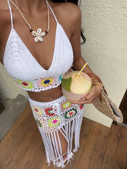 Flora Isola Flora Isola 春夏海滩度假风钩针吊带流苏装饰女式毛衣两件套