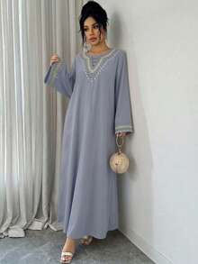 Yasmyna New V-Neck Embroidered Elegant Dress With Sophisticated Design - Baby Blue - View 4