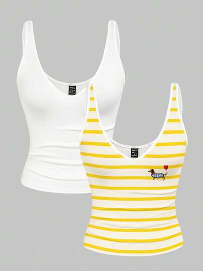Franclia 2pcs/Set Summer Fitted Short Striped Cute Sausage Dog Print & Solid V-Neck Camisole For Women