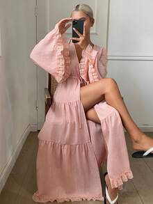 DAZY Bata de estar por casa casual con cuello en V profundo y pliegues para mujer - Rosa vieja - Ver 1