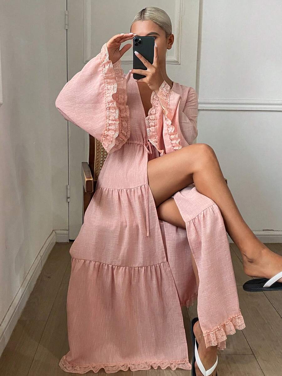 DAZY Bata de estar por casa casual con cuello en V profundo y pliegues para mujer - Rosa vieja - Ver 1