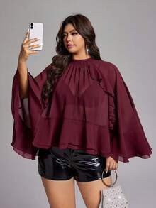 Viva Relle Plus Size Women's Burgundy Stand Collar Ruffle Trim Sheer Chiffon Cape Top, Vintage Sweet & Spicy Date , Spring/Summer - Burgundy - View 4