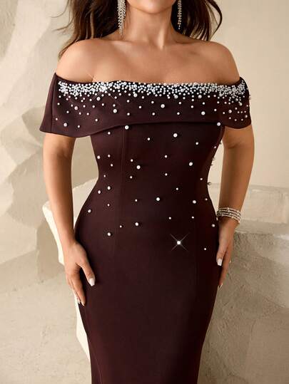 Coutiva Plus Size Women Off Shoulder Faux Pearl Decor Elegant Waist Cinched Formal Dress