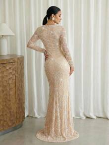 Modelyn 女士优雅亮片和人造珍珠装饰鱼尾下摆正式晚礼服 - 杏色 - 查看 3