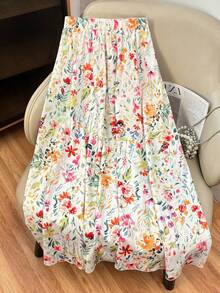 SHEIN PETITE Falda casual de cintura elástica con estampado todo sobre para vacaciones de mujer - Albaricoque - Ver 2