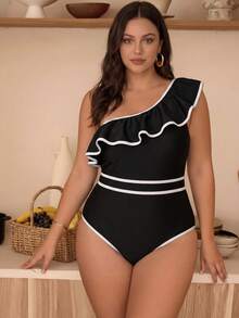 SHEIN Swim Chicsea 大码女式黑白拼接印花时尚休闲度假修身荷叶边下摆连体泳衣 - 黑與白 - 查看 6