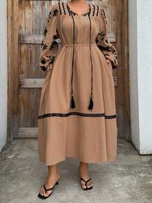 Dazy Plus Plus Size Drawstring Tie Tassel Decor Embroidered Pattern Loose Long Lantern Sleeve Home Dress, Spring/Summer Nightgown Pajamas - Khaki - View 4