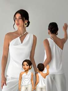 Firerie Solid Color Elegant Asymmetric Neckline Design Sleeveless Top White One Sided Top For Women,Summer Top - White - View 3