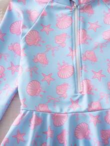 SHEIN Young Girl Starfish Print Long Sleeve One-Piece Swimsuit - Multicolor - View 8