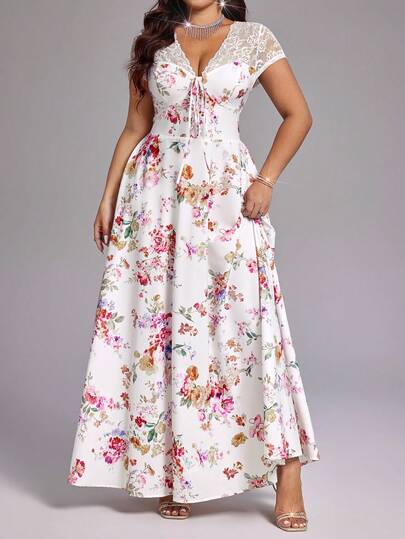 Viva Relle Plus Size Sexy Pure White Lace Patchwork V-Neck Ditsy Floral Short Sleeve Cinched Waist Women Holiday Beach Vacation Dress