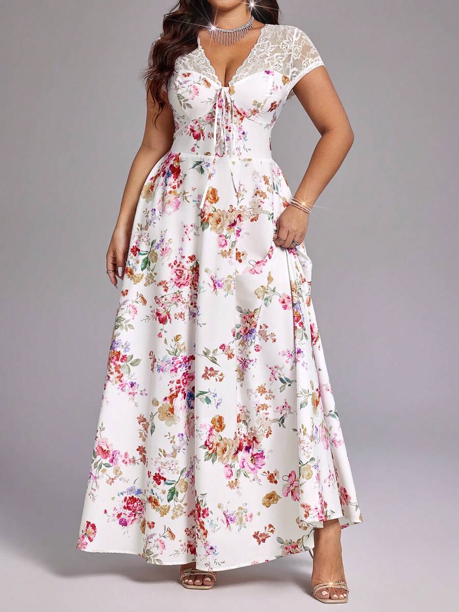 Viva Relle Plus Size Sexy Pure White Lace Patchwork V-Neck Ditsy Floral Short Sleeve Cinched Waist Women Holiday Beach Vacation Dress - White - View 1