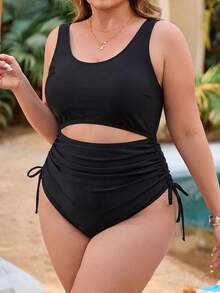 Swim Lushoire Baju Renang Terusan Ukuran Besar Warna Biru Tua dengan Set Penutup untuk Santai & Liburan - Hitam - View 3