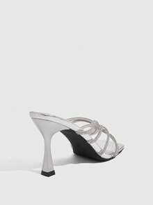 CUCCOO SZL Women Shoes Summer Rhinestone Cross Strap Snake Pattern Square Toe, Luxury Glossy Silver Party Dinner - Silver - View 3