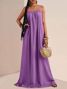Slaydiva Plus Size Casual Solid Color Maxi Slip Dress,Sundress,Summer Dresses For Women - Purple - View 7