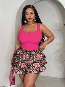 Slaydiva Bộ đồ 2 món dành cho nữ cỡ lớn: Áo tank top màu trơn và chân váy midi họa tiết hoa báo. - Nhiều màu - Xem 2