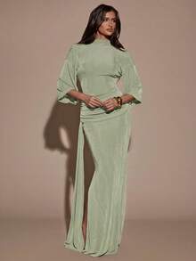 SHEIN BAE Women's Solid Color Stand Collar 3/4 Sleeve Ruffle Tie Waist Fitted Elegant Dress - Mint Green - View 4