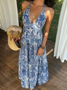 Sunnyshic Vestido casual de moda para mujer, estampado de cachemira bohemio, con lazo en el cuello, volantes en el bajo, para vacaciones, primavera/verano - Azul - Ver 5