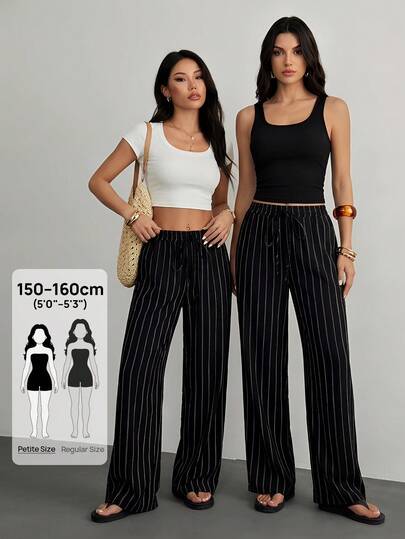 SHEIN PETITE 女士休闲通勤条纹阔腿裤