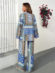 EURMUSE Bộ đồ 3 món phong cách Bohemian tua rua, họa tiết hoa văn Paisley, áo bralette ngắn, quần ống rộng, áo kimono dài tua rua, họa tiết xanh dương và be, trang phục nghỉ dưỡng, trang phục lễ hội, áo khoác ngoài đi biển, sẵn sàng cho du lịch. - Nhiều màu - Xem 8