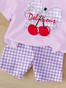 Cute Mini Purple Plaid Cherry Pattern, Young Girl Casual Minimalist Short Sleeve Round Neck T-Shirt And Shorts 2-Piece Set, Suitable For Summer - Multicolor - View 5