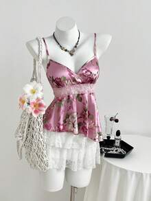 Flirla Camiseta sin tirantes con cuello en V, estampado floral, parches y ribete de encaje en la cintura para mujeres - Rosa - Ver 7