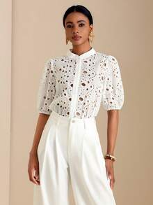 SHEIN Veneréa Blusa casual de mujer con bordado y abertura, de manga corta, versátil para uso diario - Blanco - Ver 6