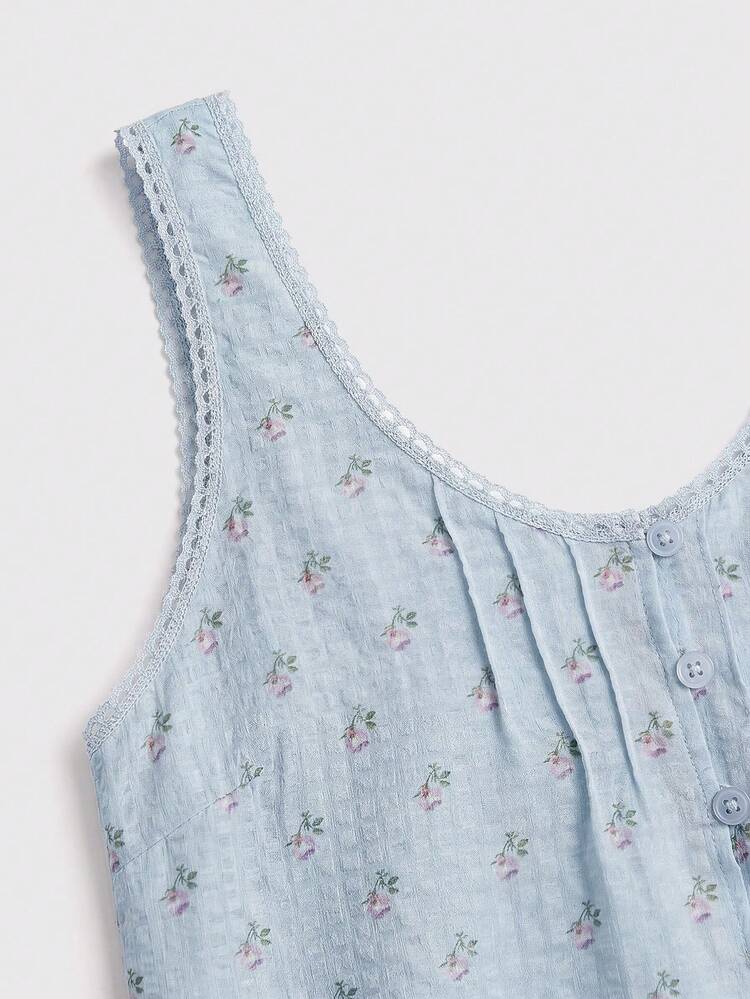 Sky Blue Floral Print Cropped Cami Top With A Round Neckline And Lace Detail Cute Top Vacation Top Women Resort Top Spring Summer French Style Parisian Style Floral Top Crop Top Sleeveless Top
