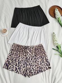 Dream Adore Conjunto de 3 piezas de pantalones cortos de pijama con cintura con cordón de unicolor y estampado de leopardo, adecuado para uso exterior, tallas grandes para mujer - Multicolor - Ver 3