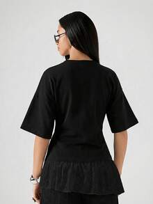 LYSMO Women's Solid Color Round Neck Casual Versatile Daily Wear T-Shirt,Summer Top - Black - View 2
