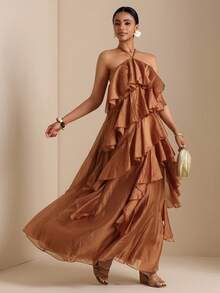 Vesra Women's Solid Color Ruffle Backless Dress - Coral Orange - View 1