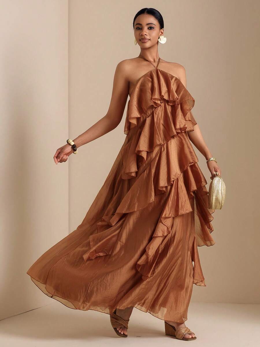 Vesra Women's Solid Color Ruffle Backless Dress - Coral Orange - View 1