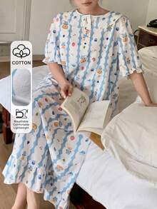 Dazy Plus 卡通印花图案彼得潘领宽松休闲长款加大码女式春夏睡裙 - 淺藍色 - 查看 1