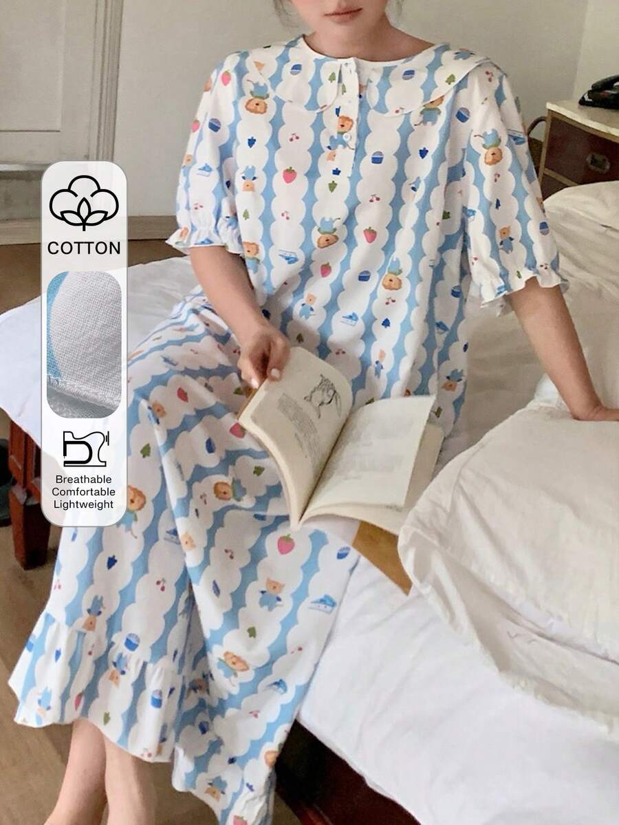 Dazy Plus 卡通印花图案彼得潘领宽松休闲长款加大码女式春夏睡裙 - 淺藍色 - 查看 1