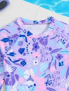 SHEIN 少女款吊带背心式比基尼，紫色花卉印花针织面料无袖比基尼上衣，长袖，款式端庄优雅，适合游泳、夏季度假、海滩、泳池、节日派对等场合。 - 紫色 - 查看 5