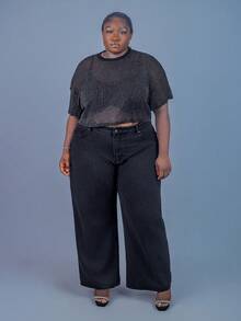 CurvyTilda 大码透明闪光网眼圆领短袖套头衫，适合夏季 - 黑色 - 查看 4