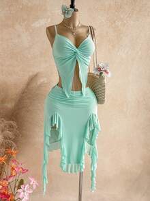 Soleia Women's Fashion Vacation Knotted Pleated Camisole And Asymmetrical Hem Ruffle Hem Skirt 2-Piece Set - Mint Green - View 4