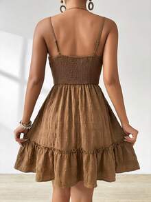 Breezaya Vacation Casual Front Tie Bow Floral Ruffle Pleated Gingham Print Spaghetti Strap Dress - Coffee Brown - View 2