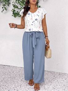 SHEIN Frenchy Bộ đồ 2 món cỡ lớn gồm áo và quần in hoa, trang phục thường ngày cho kỳ nghỉ. - Nhiều màu - Xem 3