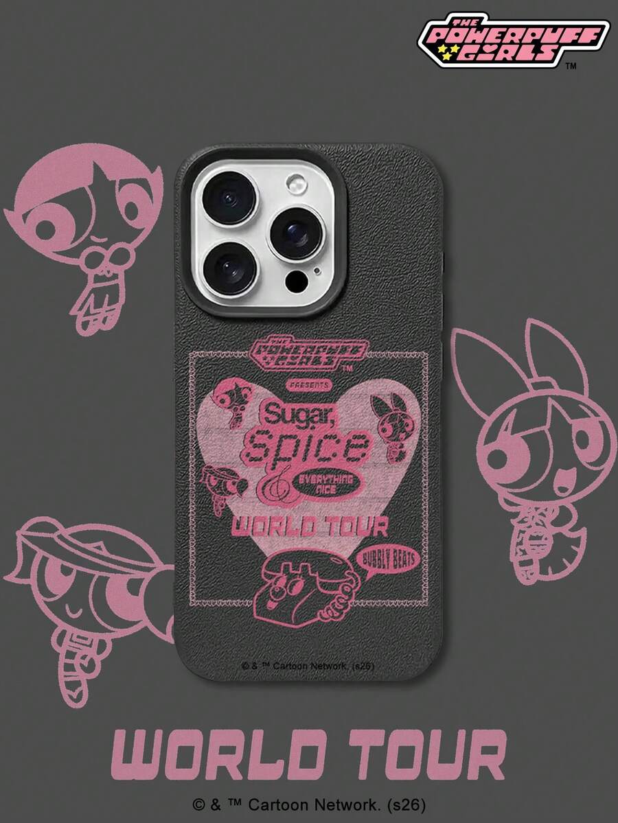 THE POWERPUFF GIRLS X SHEIN 飞天小女警三人组心形世界巡回演唱会音乐电话字母元素皮革纹理黑色亲肤防震防摔保护壳,兼容苹果iPhone 13/14/15/15Pro/16/16Pro/17Pro,畅销日常美观保护壳 - 彩色 - 查看 1