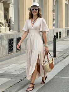 2026 Nuevo Vestido de lino para mujer, vestido largo elegante y romántico para vacaciones de verano - Albaricoque - Ver 4