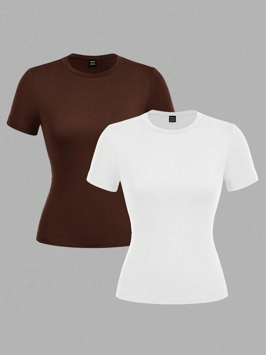 SHEIN EZwear 休閒簡約 2件組 基本款棕色 & 白色圓領短袖內搭上衣 春夏適用 - 彩色 - 查看 1