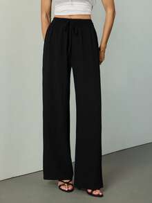 SHEIN Tall Women's Solid Color Casual Straight-Leg Pants Winter Black Spring - Black - View 6