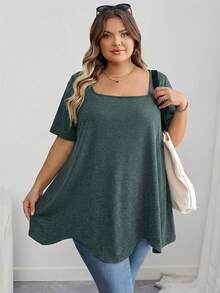 SHEIN CURVE+ 大码曲线/秋季服装/秋季女装/冬季女装/冬季服装大码方领不对称下摆口袋短袖T恤大码黑色上衣8XL女装6XL大码女装5XL大码大码上衣曲线，女士假日装扮女士秋季服装，冬季，曲线加大码 - 墨綠色 - 查看 7